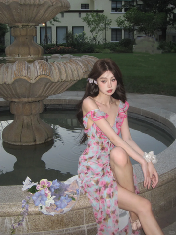 Romantic A Line Spaghetti Strap Print Floral Chiffon Prom Dress Outfits HZ1023